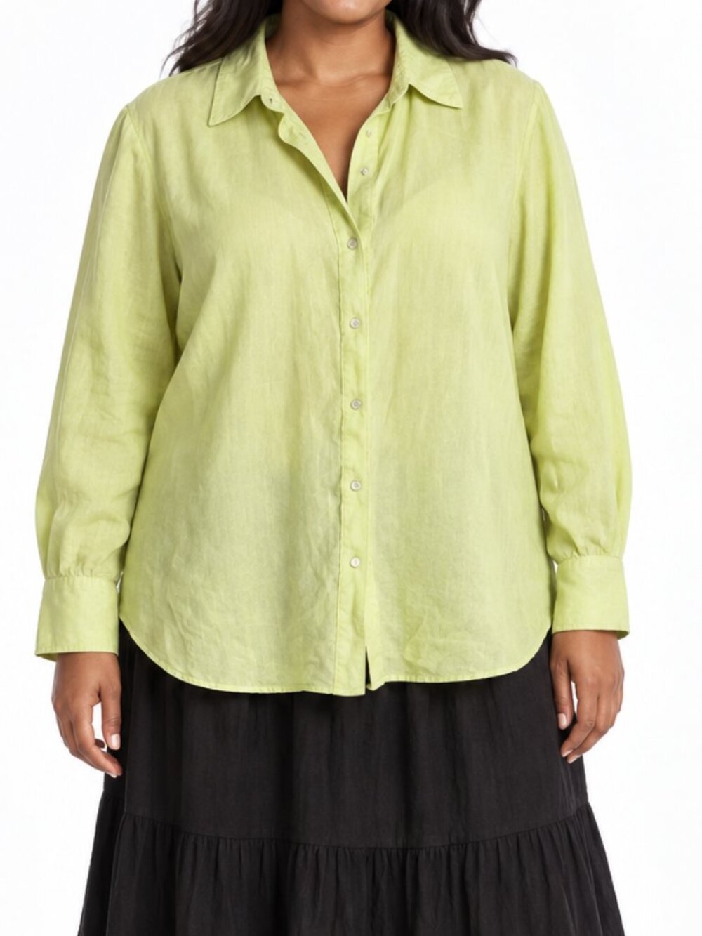 Kate Hill Woman Lime Green 100% Linen Button Down Shirt Size 1X Boho Lagenlook